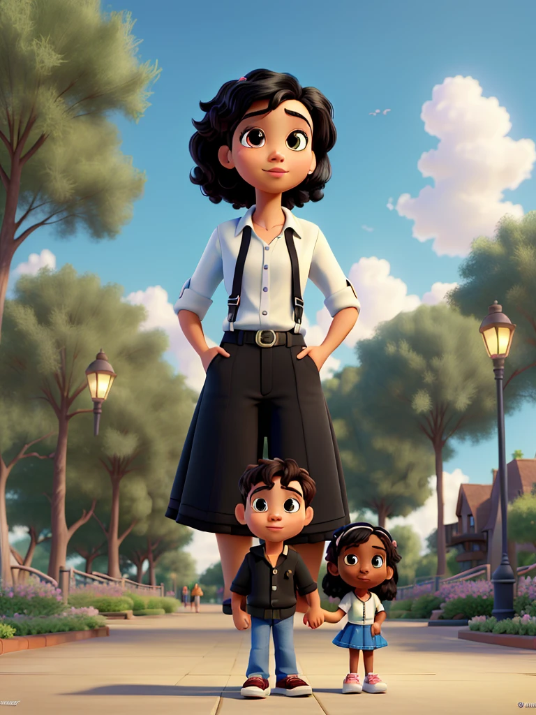 (best quality,highres,masterpiece:1.2), Disney Pixar style couple black and a girl withe  in a park