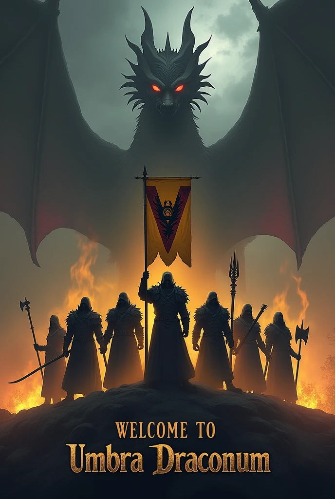 Create me an image with a somber, dark tone for a guild cover.
1. Place at the bottom of the image the following text "Welcome to Umbra Draconum". Centered text, first smaller the "Welcome to" and underneath bigger and more imposing the text "Umbra Draconum".
2. Place 7 warriors in the style of World of Warcraft or Albion Online, wearing clothes in dark tones and weapons such as axes, swords, mage staffs of ice and fire, spears, bows and rods.
3. The warrior in the center will hold a banner, with a dark yellow flag and a dark red v-shaped line in the middle, and in the center place the logo of a full black dragon.
4. Place in the background flames rising from the ground in shades of yellow and red, keeping that dark tone.
5. From the bottom of everything should emerge the shadow of a very imposing oriental dragon, this dragon should be seen in its entirety above the banner and the 7 warriors.
Do not omit the text, it is very important.