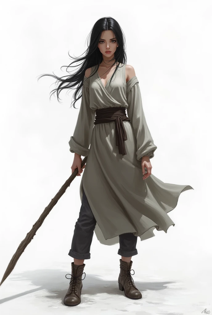 Make a dark haired character, dark shaped eyes, Female One, appears to have , uses a staff and has medium white clothing, on a white background