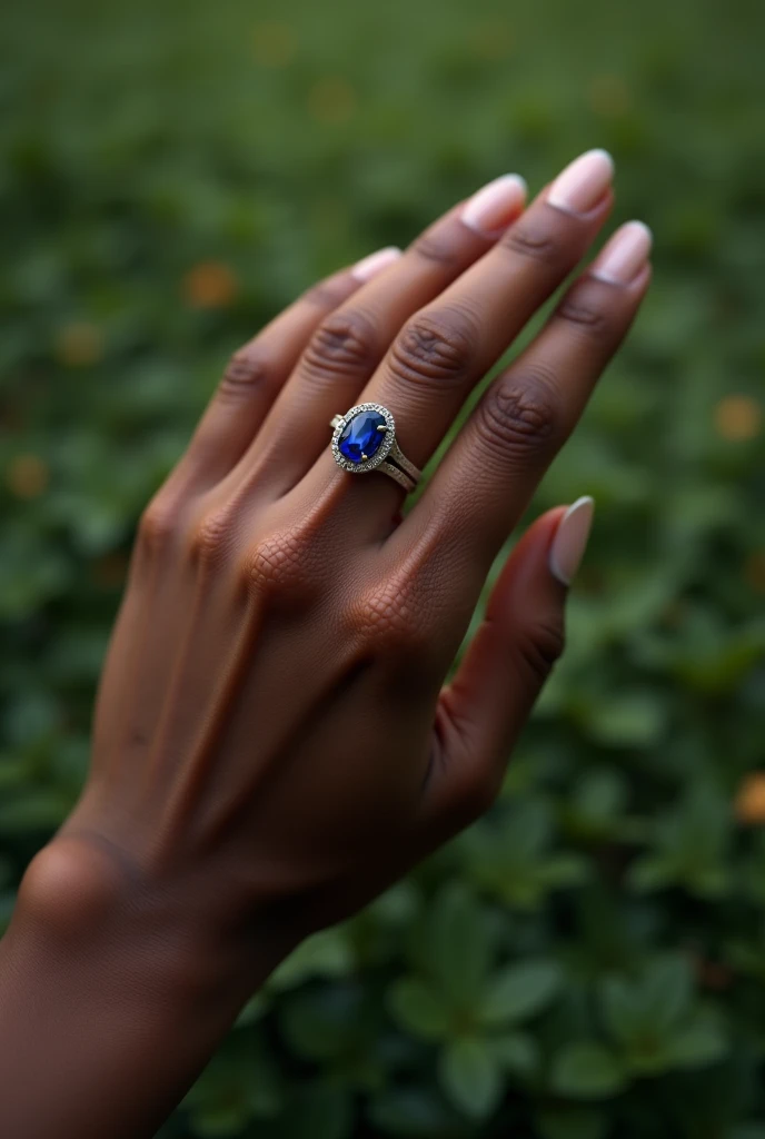 A hand where a pretty female hand appears with a ring with a sapphire is a promise ring that is a dark-skinned hand and that looks very very real and that has a background like a park or a green background but that looks real.