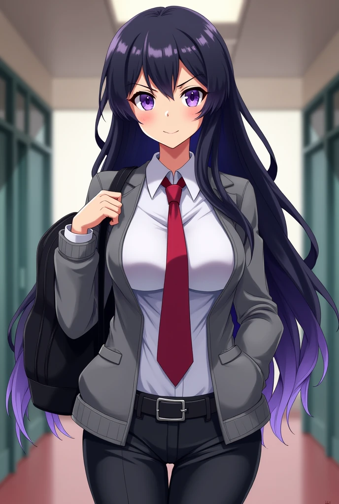 Girl with long, light purple tips and black hair and big breasts and a small waist and purple eyes with a serious but cheerful expression at the same time, she is wearing a UA uniform. (my hero academia) (The uniform is a white shirt over a grey jacket and a red tie.)from my hero academia and he carries a backpack and in the background he has corridors of a UA academy


