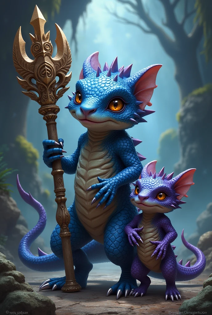 Create a kobold with reptilian features. Its scales are blue and purple, its appearance resembles a dragon. The staff he carries resembles a totem.
There is a family member by your side