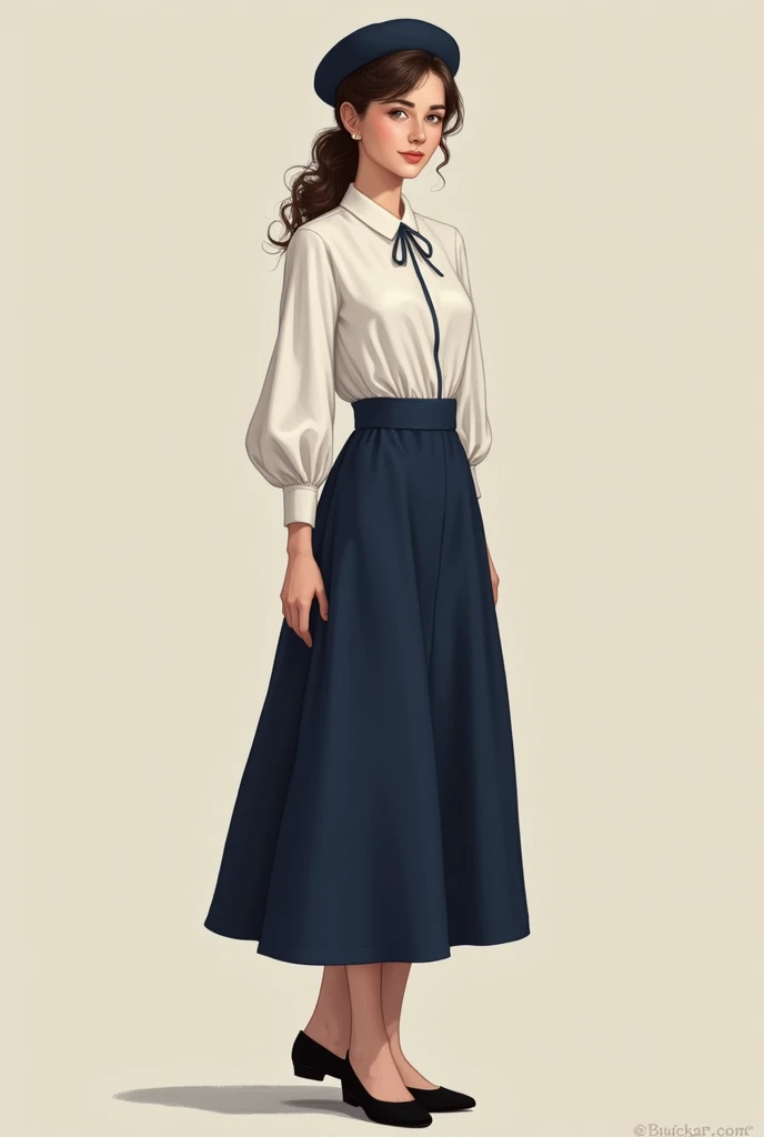 dressed in a navy blue vintage midi long skirt ,with Palas and white blouse with bow on the collar, long sleeve with balloon cuff, with a navy blue beret on her head and her hair tied in a ponytail and black ballet flats on her feet