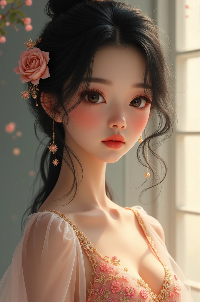 A middle Asian girl with fair skin light brown big eyes plump lips and black wavy hair in a dress