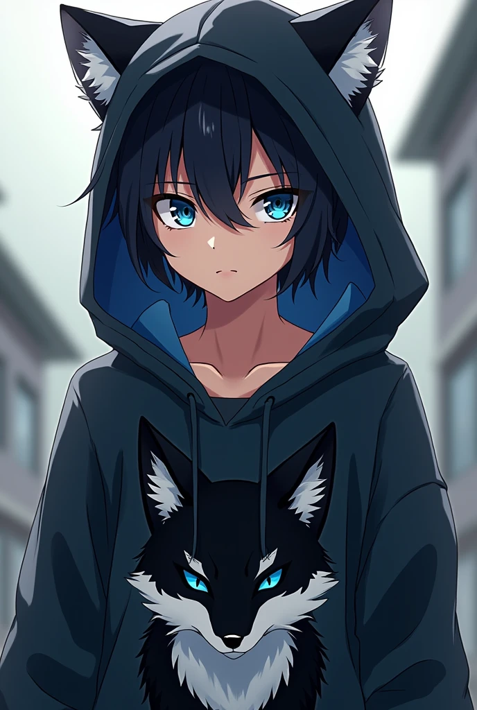 Good afternoon, Could you create a boy anime style character for me, taking into account the name SHADOW FOX?, THE BOY WEARS A HOODED T-SHIRT OF A BLACK-HAIRED FOX WITH A MIXTURE OF A WHITE MOUTH AND BLUE EYES, THESE CHARACTERISTICS ARE OF THE FOX AND THE BOY WHO HAS MEDIUM DARK HAIR AND HAS MEDIUM DARK COMPLEXION