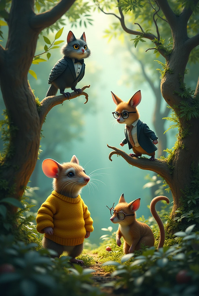 make a forest, add a rat with a yellow sweatshirt, an owl wearing a formal suit, an emo fox and a snail with glasses