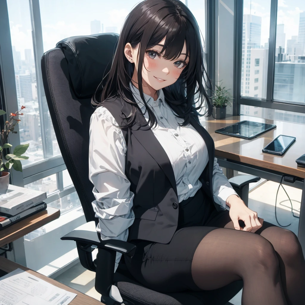 1lady sitting (crossed legs), office worker (stylish outfit), (gray vest) (pencil skirt), mature female, /(dark brown hair/) bangs, blush kind smile, (masterpiece best quality:1.2) delicate illustration ultra-detailed, large breasts, pantyhose BREAK (modern office indoors), window cityscape, detailed background