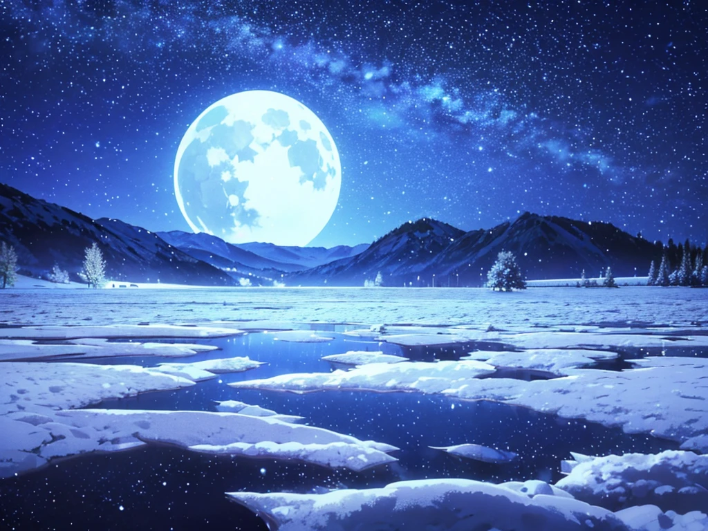 frozen lake lake, night, stars in the sky, moon, severe frost, frost, snowing, 4k, high resolution, high detail, random angle, hyperrealism, 300mm, f/10.0,1/1600ms, HDR