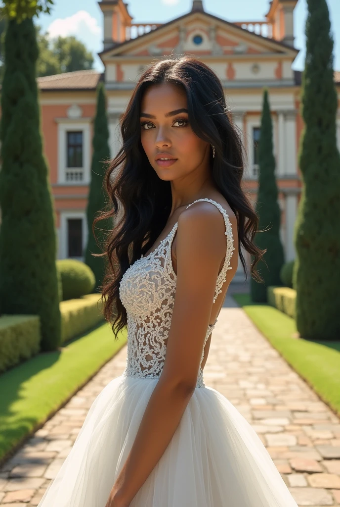Beautiful woman, 22 years old, olive skin, long black hair and intense blue eyes. She is wearing a luxurious wedding dress. behind her a luxurious mansion in Italy. The expression on your face would be