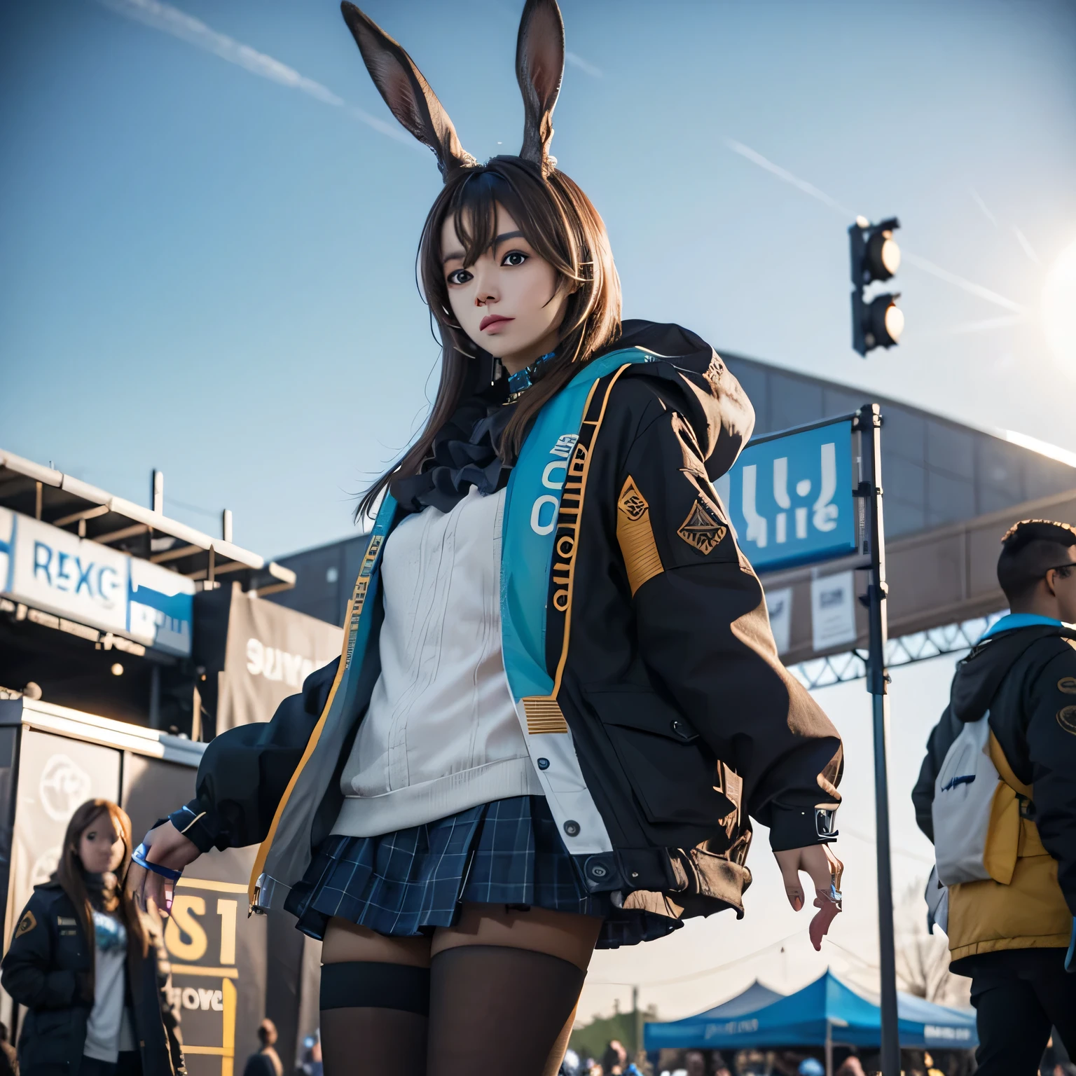 "solo, Amiya Arknights, blue eyes, standing, outdoor expo event, sunny day, long brown hair, brown rabbit ears, cosplay, side pose, vibrant festival atmosphere, colorful decorations, Realistic."