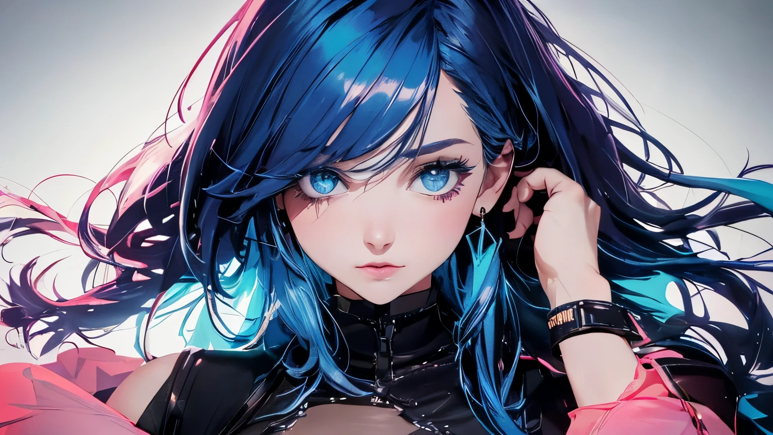 (Highest quality, Tabletop:1.2, Ultra-high resolution, Realistic:1.5), RAW Photos, One Girl, In the Dark, Deep Shadow, Low lighting, Cool tones, Captivating Gaze, short hair, Subtle highlights, Dramatic contrast, (Dynamic Angle), ((1 female teen)), ((Plain and bright background)), ((Flat Color)),(Harajuku Street Style Fashion),(jeans), Looking at the audience, Upper Body, Transparent Background, High Contrast, Contrasting colors, Cowboy Shot, Pale pink and blue lighting, Long Hair, ((Tied Hair)) , Blue Hair, Small star-shaped earrings in both ears, watch, bright eyeshadow, R-18, The belly button is visible,