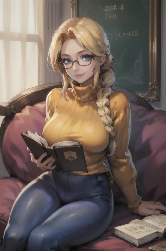 masterpiece, best quality, doaHelena, blue eyes, single braid, hair over shoulder, yellow sweater, turtleneck, ribbed sweater, large breasts, black pants, sitting, couch, glasses, reading book, smile