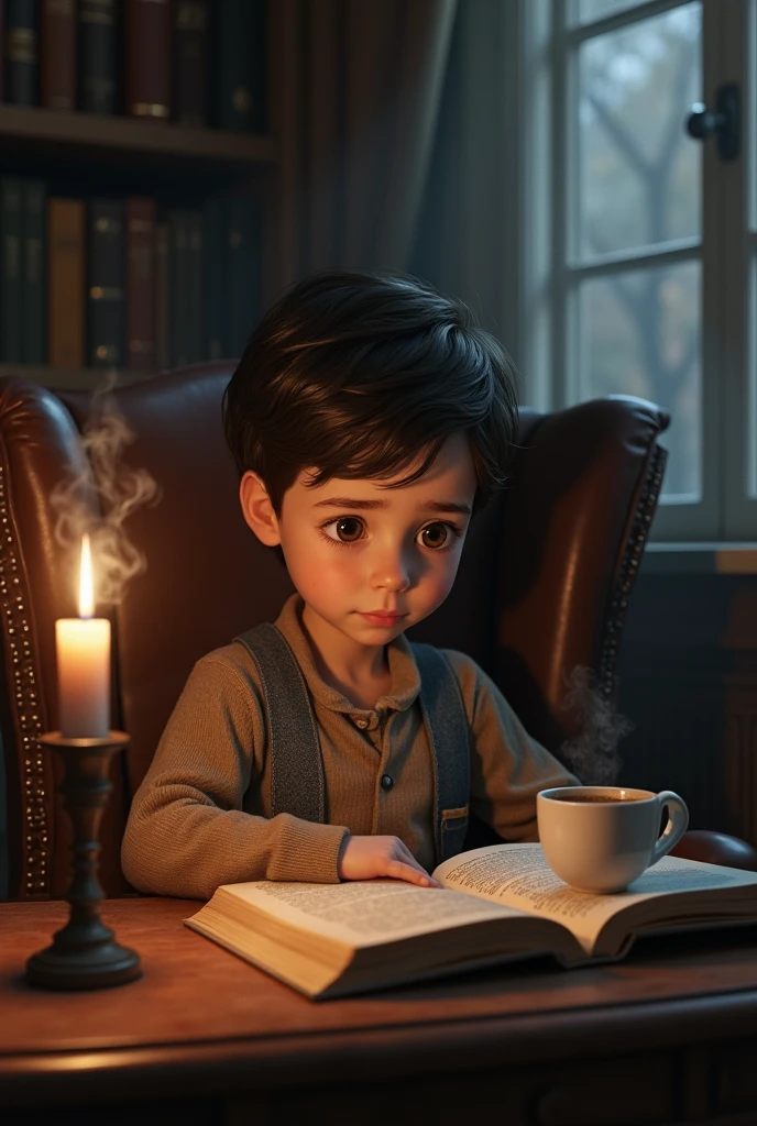A boy is sitting reading a story book and on a table in front of him is a cup of tea and a lighted candl