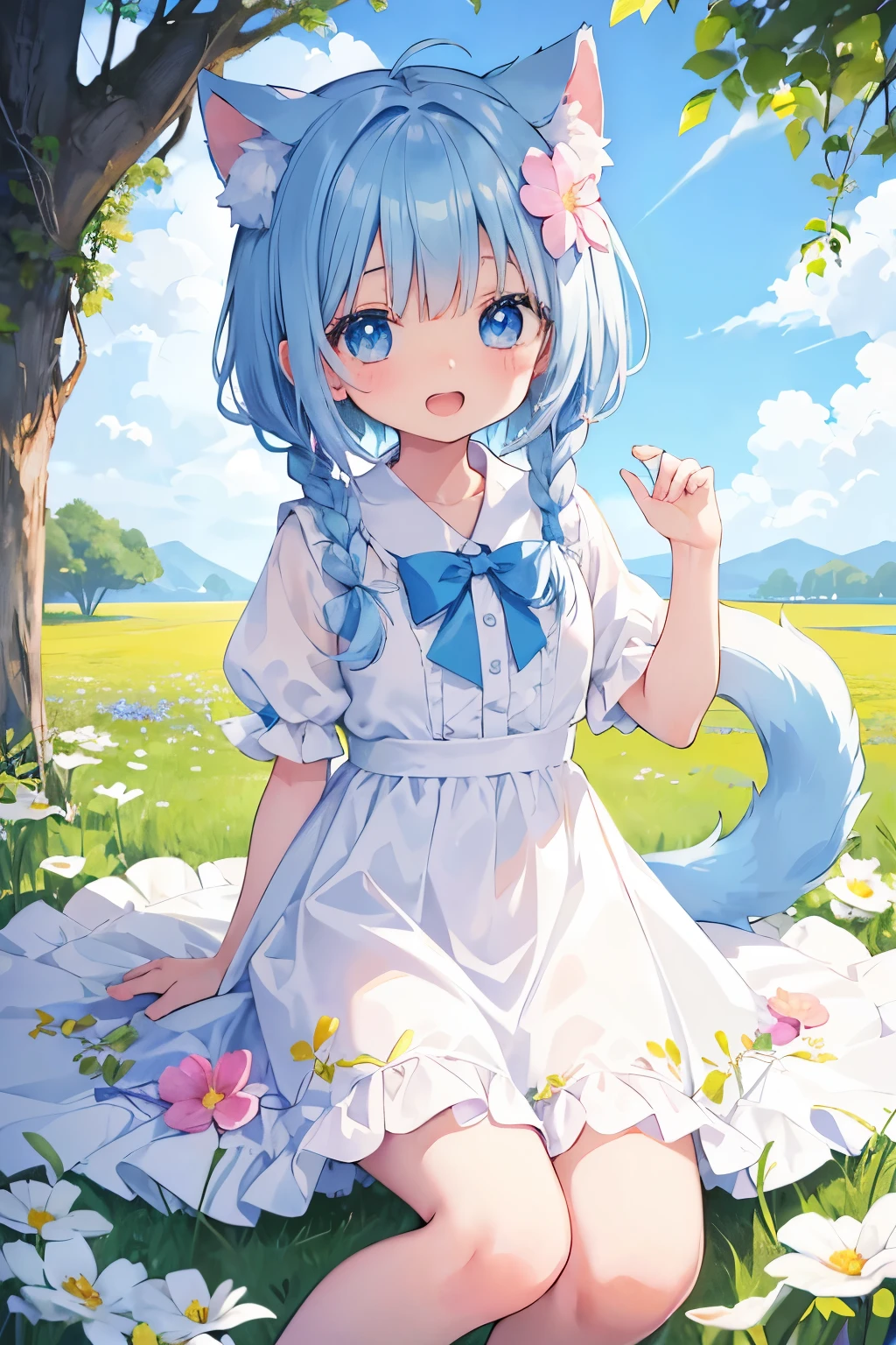 anime、pastel、Very young、、6 years short、Open your mouth、Laugh out loud、Showing teeth、Double teeth、pastelホワイトの髪、Stray hair、Braided Short、Flower Hair Ornaments、fluffy ears、Dropped ears、Fluffy tail、azure blue eyes、Odd Eye、Cute eyes、Wide open eyes、Light in your eyes、Cheeky cheeks、Slender body、White dress、Floral Skirt、Short skirt、Put your arm out、Put your feet up、Cute Girlfriend、happy、really like、Frolic innocently、(Little:0.6)、Jumping、Flower Field