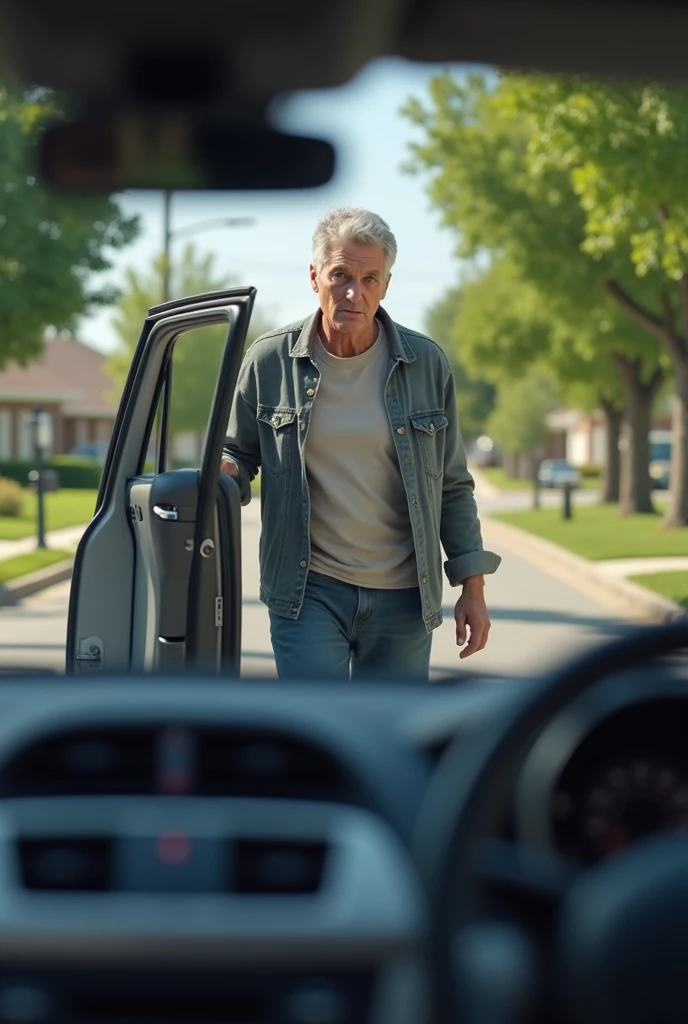 Front view of a driver getting out of the car