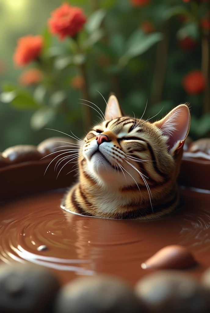 Cat bathing in a pool of chocolate 