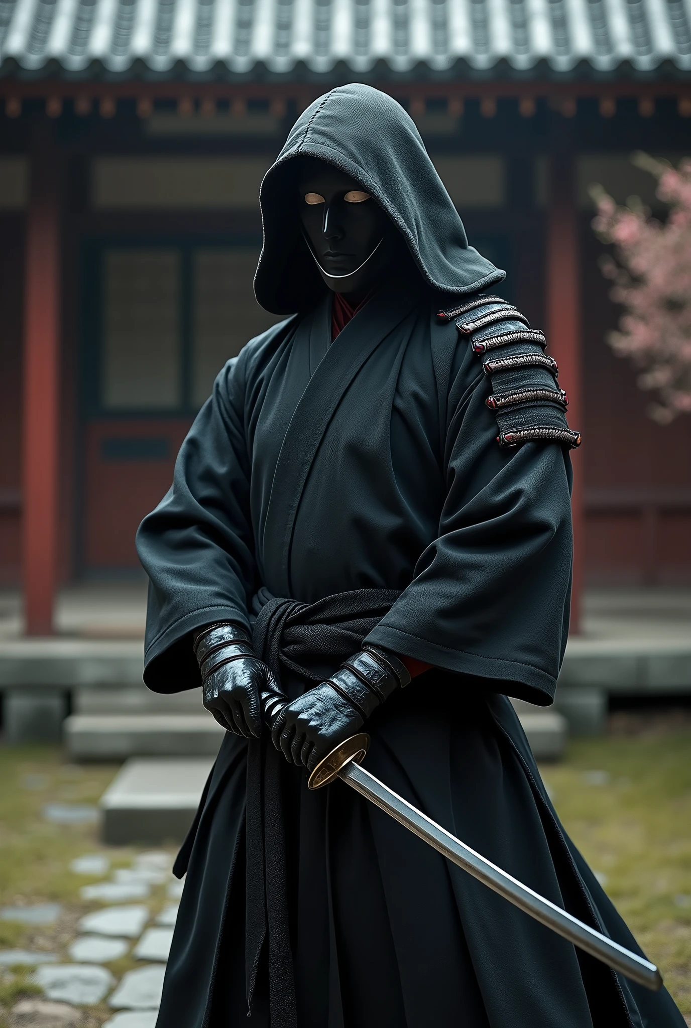 Samurai in black clothes, in a mask with a katana, against the backdrop of a Japanese house