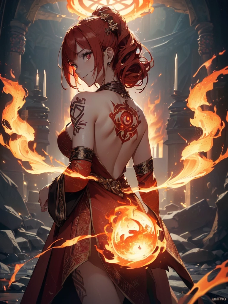 (((best quality, sharp image, clear image, cinematic lighting, 8k resolution, masterpiece, ultra detailed, intricate))) Girl, (((looking over left shoulder))), (shot from behind), fire mage, ((intricate background)), ((chaotic background)), red hair, smiling, ((flame runes, flame sigils)), (tatoo on back), slim figure, flying sigils, long dress, cute