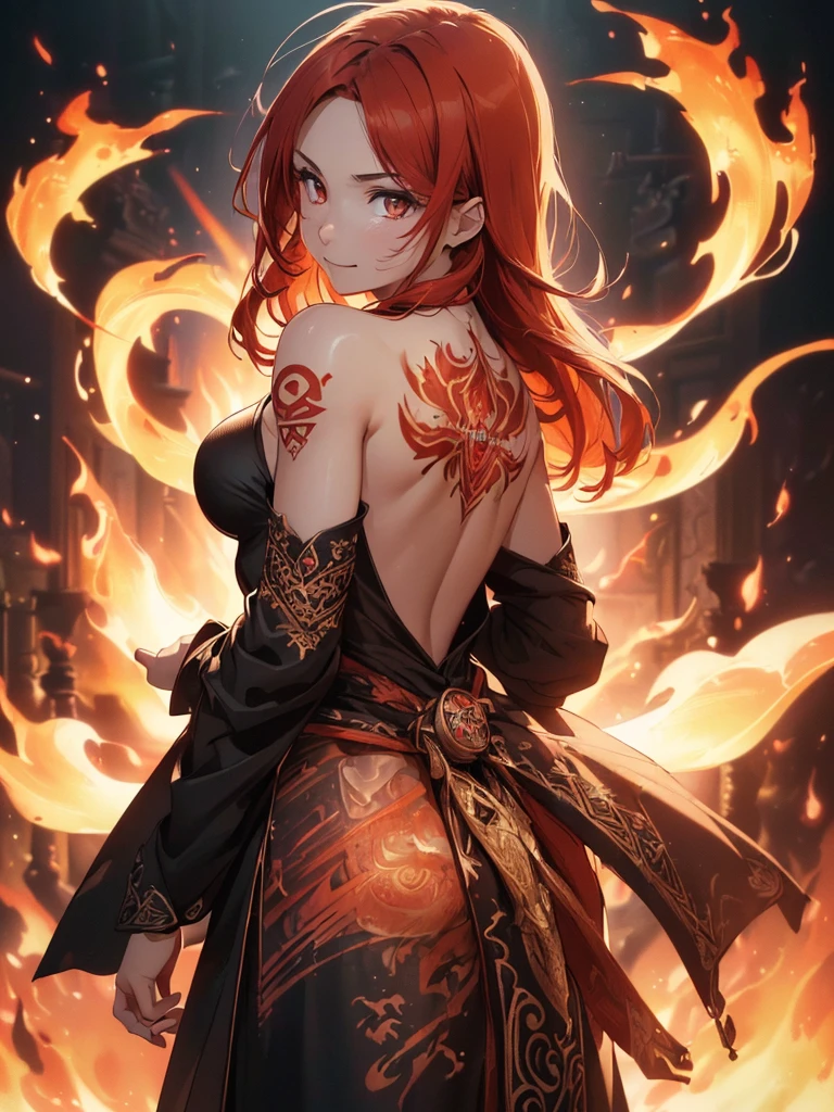 (((best quality, sharp image, clear image, cinematic lighting, 8k resolution, masterpiece, ultra detailed, intricate))) Girl, (((looking over left shoulder))), (shot from behind), fire mage, ((intricate background)), ((chaotic background)), red hair, smiling, ((flame runes, flame sigils)), (tatoo on back), slim figure, flying sigils, long dress, cute