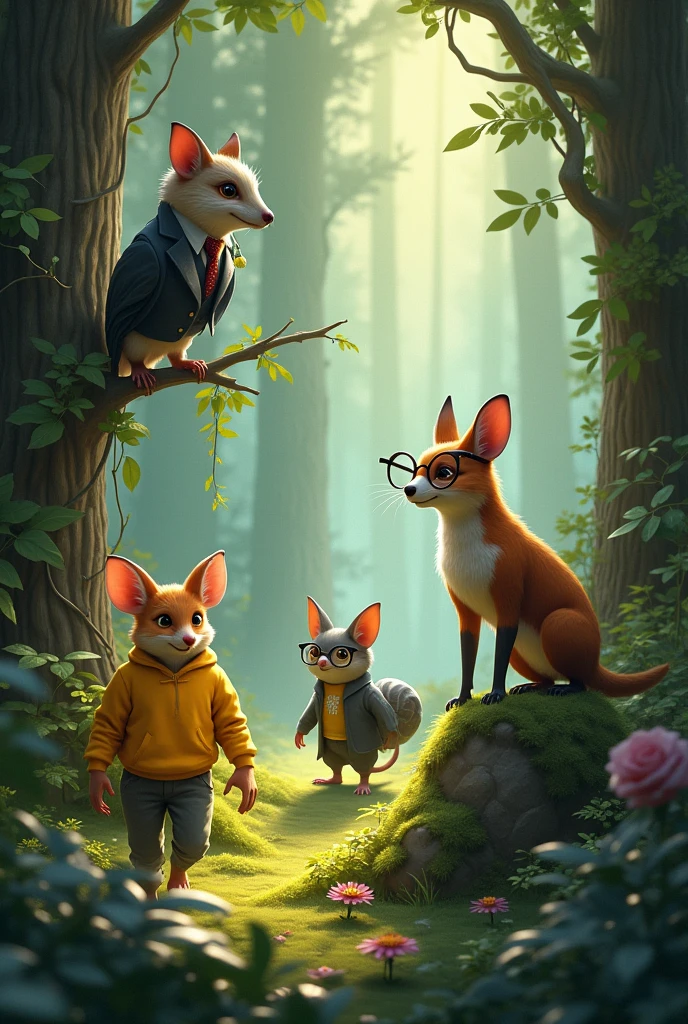 make a forest, add a rat with a yellow sweatshirt, an owl wearing a formal suit, a gothic style fox and a snail wearing glasses