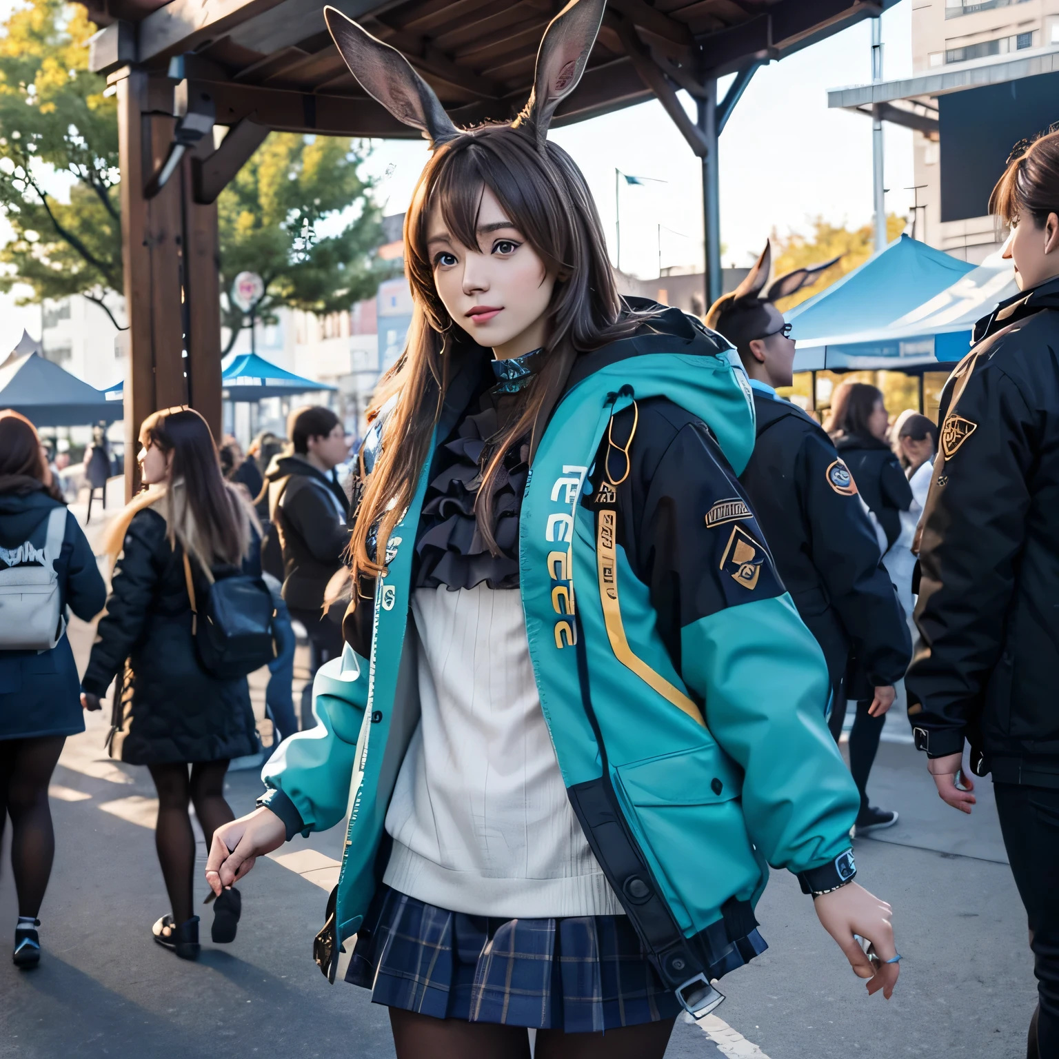 "solo, Amiya Arknights, blue eyes, standing, outdoor expo event, sunny day, long brown hair, brown rabbit ears, cosplay, side pose, vibrant festival atmosphere, colorful decorations, Realistic."