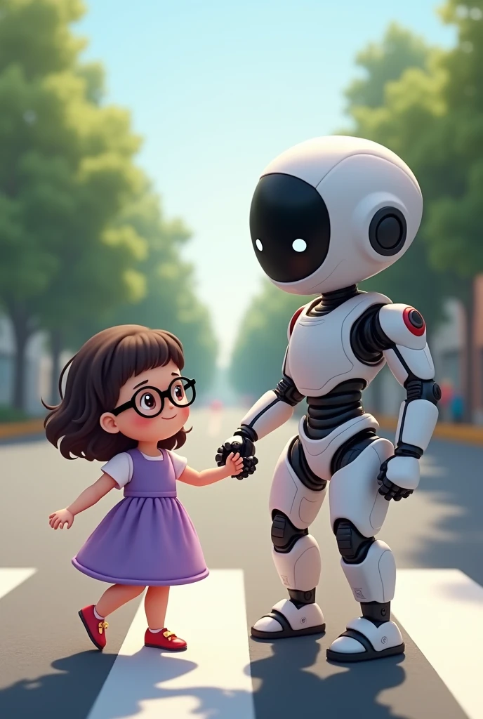 Robot helping cute eyes closed with black glasses baby
child to walk carefully in road crossing..she wears cute purple frock. Her eyes are closed.her hair is wavy and cute.she wearing specs