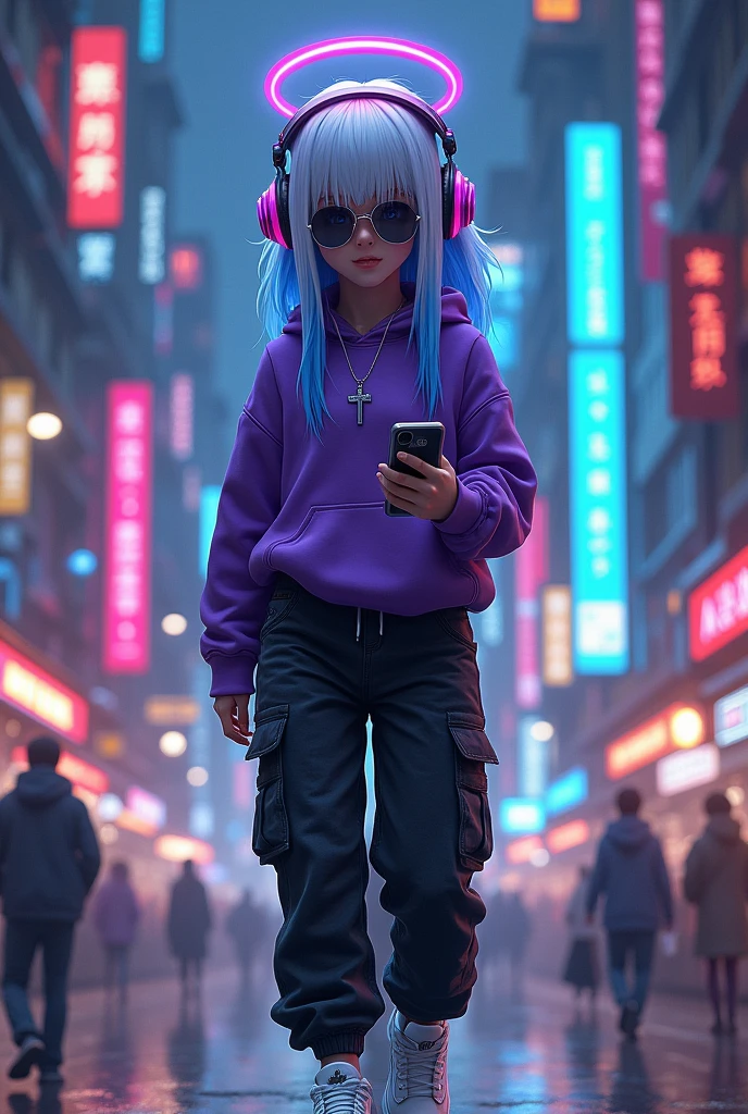 demon girl, rainbow colored halo,white and blue hair ,silver cross necklace,Sunglasses, purple sweatshirt, black cargo pants,WHITE TENNIS, helmet headphones, holding her cell phone, walking through a big city at night