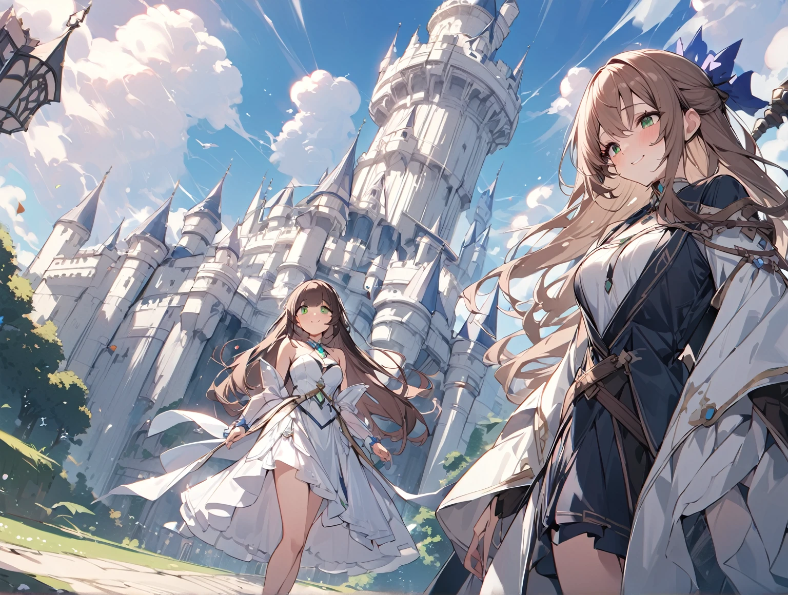 masterpiece quality，Highest Quality Assurance。brown long hair、cute girl with green eyes。Tsundere，Wearing a fantasy clothes，exude magical power，white dress，smile，adorable，during the day，white castle tower，((adult)),