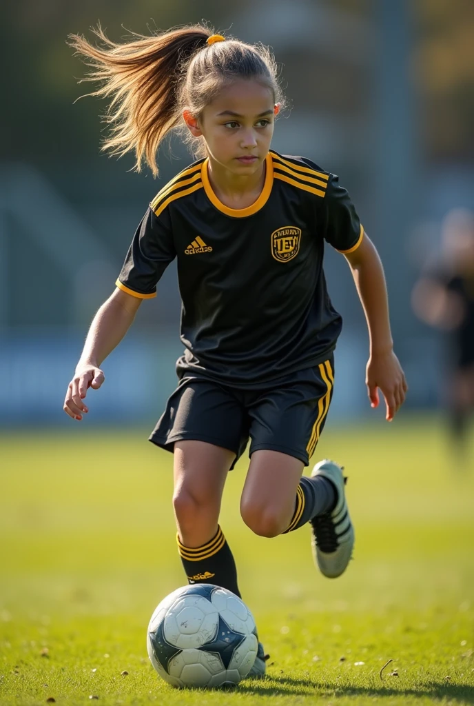Girl with soccer ball wearing black and gold t-shirt