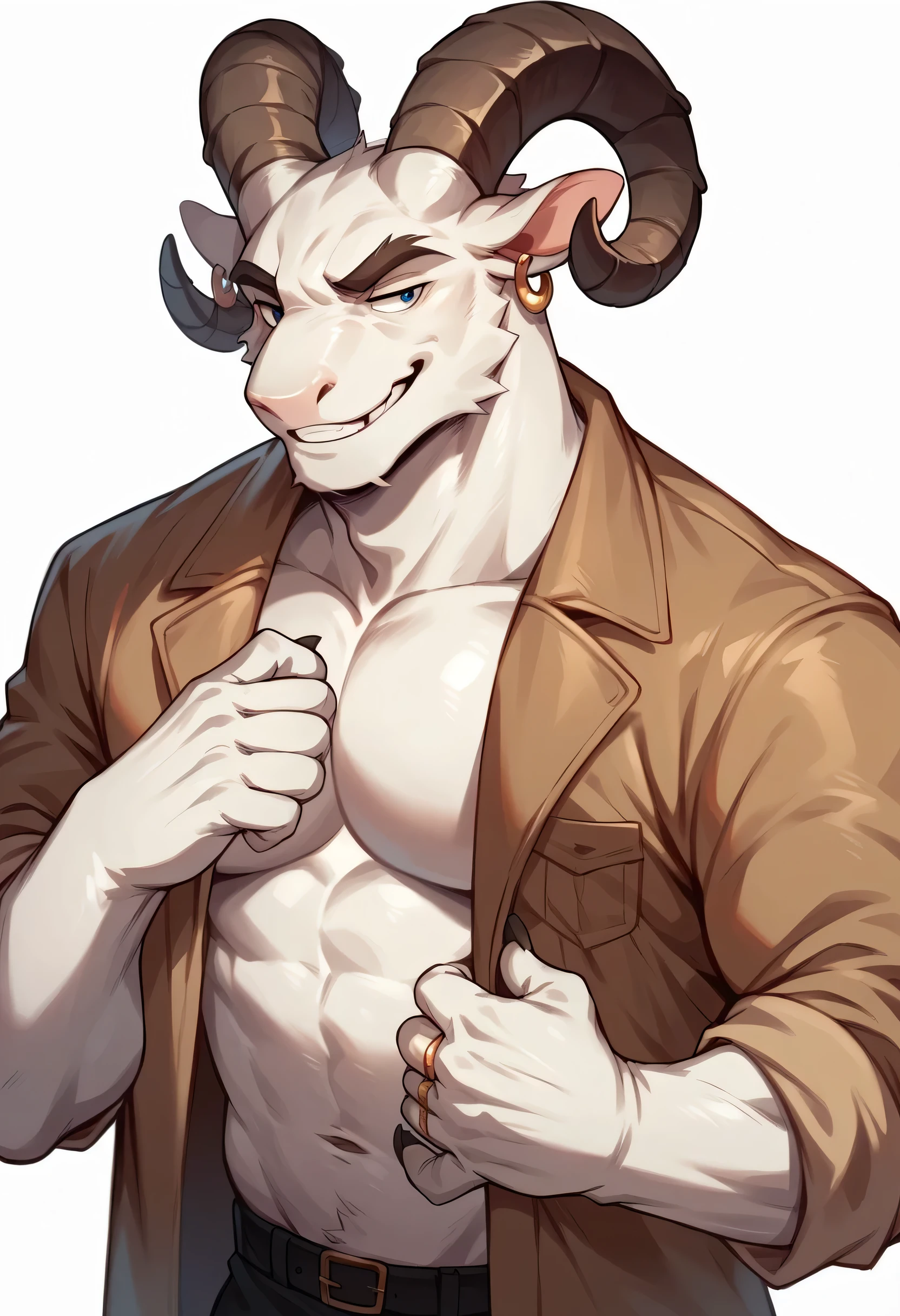 White anthropomorphic ram, mature, male, white wavy crest, with coiled horns, with brown jacket, slight smile, with piercings and earrings, rings on their fingers