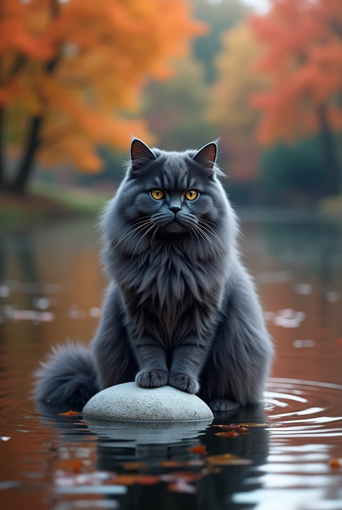 (Photorealism:1.2) midnight blue persian cat a white stone in the middle of a lake in autumn