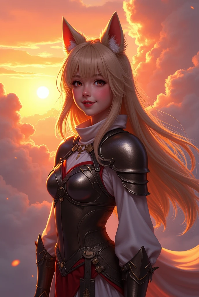 (masterpiece, best quality:1.2), cloud, sky, sunset, upper body, girl, htcerberus, happy, smile, looking at viewer, standing, dog ears, waistcoat, wearing medieval armor