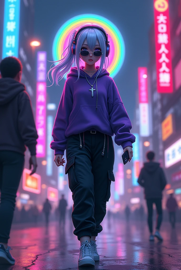 demon girl, rainbow colored halo,white and blue hair ,silver cross necklace,Sunglasses, purple sweatshirt, black cargo pants,WHITE TENNIS, helmet headphones, holding her cell phone, walking through a big city at night