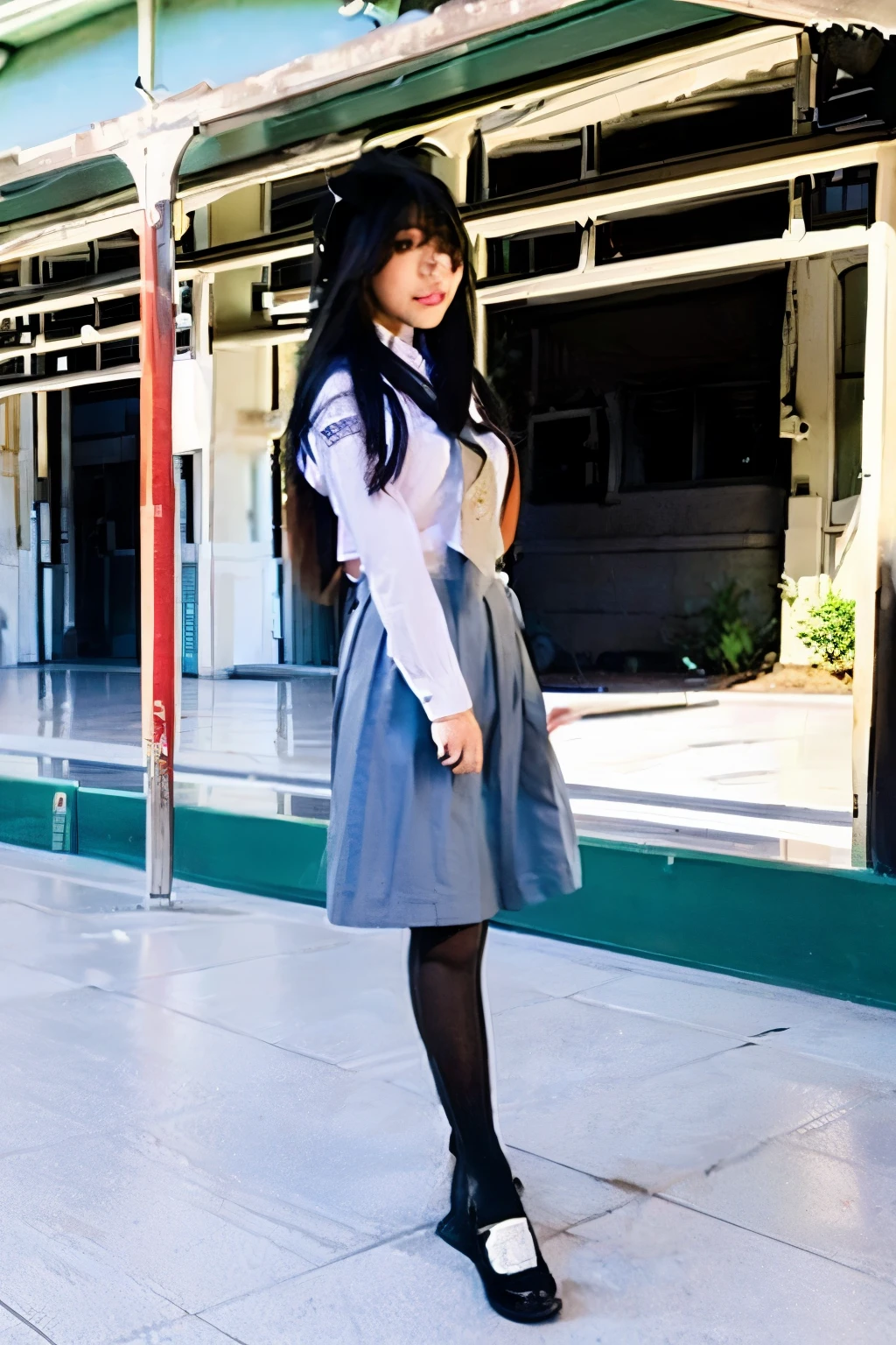 best quality, masterpiece, real,realistic, photo,photorealistic,looking at viewer,
1girl,cosplayer,
st. gloriana's school uniform,dark blue sweater, necktie,white collared shirt,blue pleated skirt, pantyhose,school emblem, 
very long hair, black hair, blunt bangs, straight hair, 
outdoors, 
