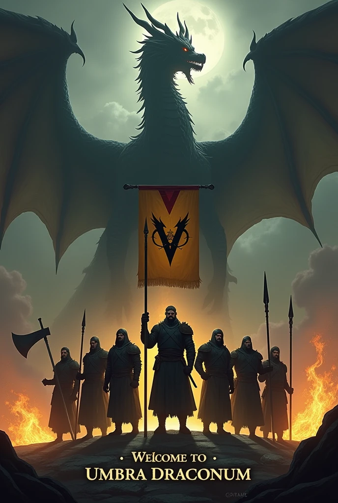 Create me an image with a somber, dark tone for a guild cover.
1. Place at the bottom of the image the following text "Welcome to Umbra Draconum". Centered text, first smaller the "Welcome to" and underneath bigger and more imposing the text "Umbra Draconum".
2. Place 7 warriors in the style of World of Warcraft or Albion Online, wearing clothes in dark tones and weapons such as axes, swords, mage staffs of ice and fire, spears, bows and rods.
3. The warrior in the center will hold a banner, with a dark yellow flag and a dark red v-shaped line in the middle, and in the center place the logo of a full black dragon. 
4. Place in the background flames rising from the ground in shades of yellow and red, keeping that dark tone. 
5. From the bottom of everything should emerge the shadow of a very imposing oriental dragon, this dragon should be seen in its entirety above the banner and the 7 warriors.
Do not omit the text, it is very important.