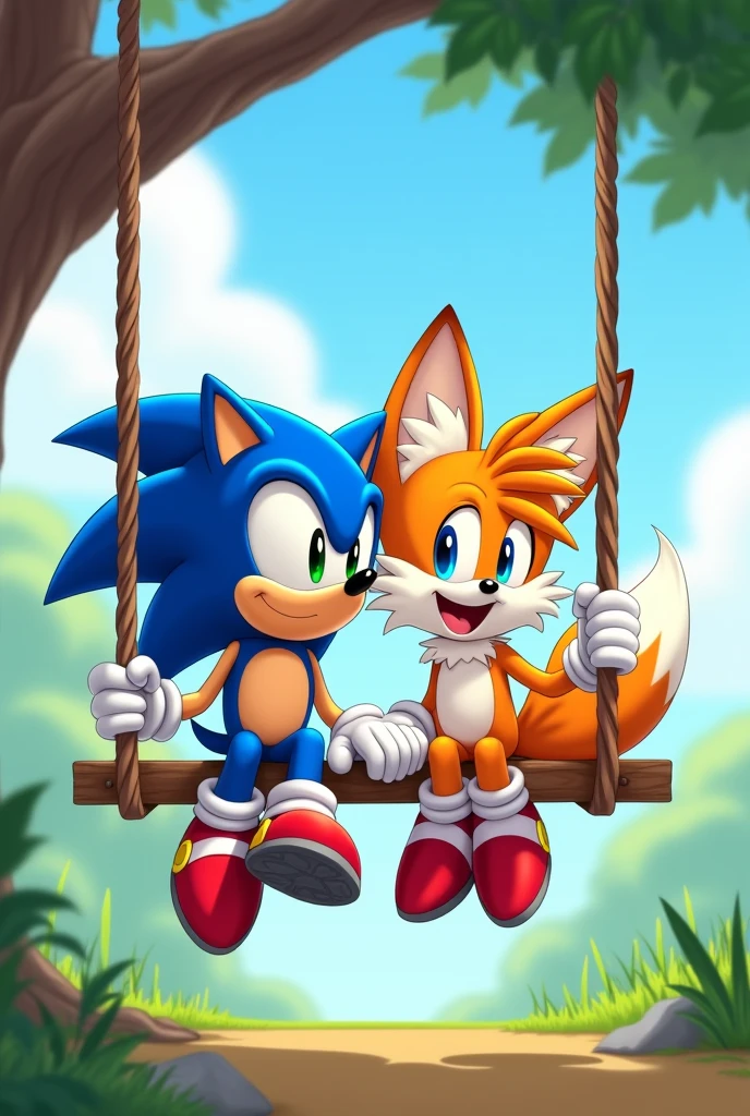 Sonic and tails sitting on a swing with their shoes and gloves on