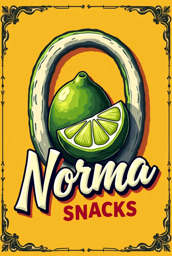 A banner for my cevicheria. is called: cevicheria-norma snacks. In the standard O there must be a green sliced lemon

