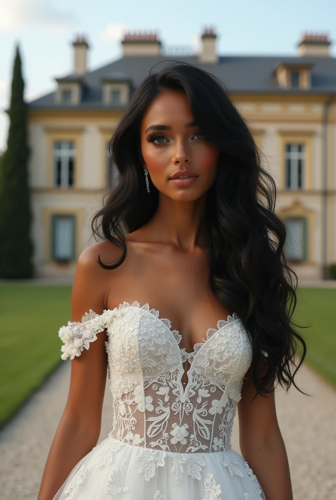 Young and beautiful woman, 22 years old, dark skin, long black hair and sparkling blue eyes. She is wearing a luxurious wedding dress. behind her a luxurious mansion in Italy. The expression on his arrogant face, highlighted by his blue eyes