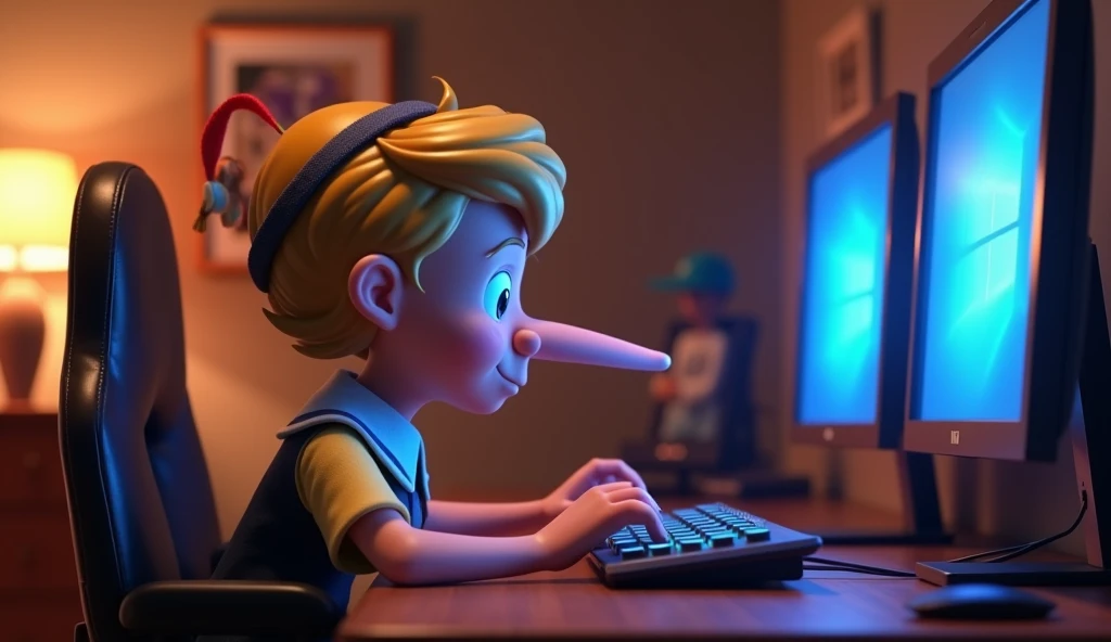 Im Stil von Pixar 3D-Animation filmen. Pinocchio with short blond hair sits in front of a gaming PC with two monitors and his long lying nose pokes a hole in one of the monitors.
