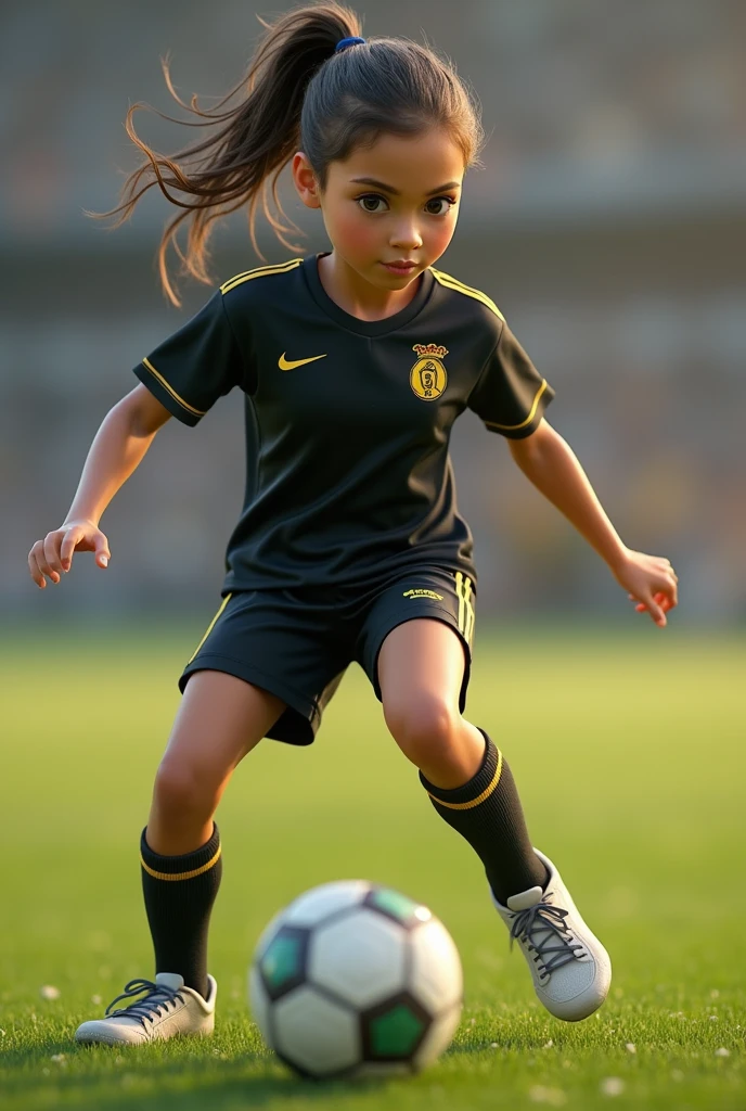 Girl with soccer ball wearing black and gold logoless t-shirt