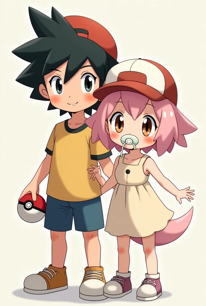 Make a male and a female Pokemon character by mixing Ash's image and Misty's image.
To the child ,Put a hat on him/her.. May your hair be black with orange.Add a pokeball to the boy.
May your eyes be GREEN.
The girl has brown eyes and pastel pink hair ,wears a dress and carries a pacifier.
That they are posing for the photo.