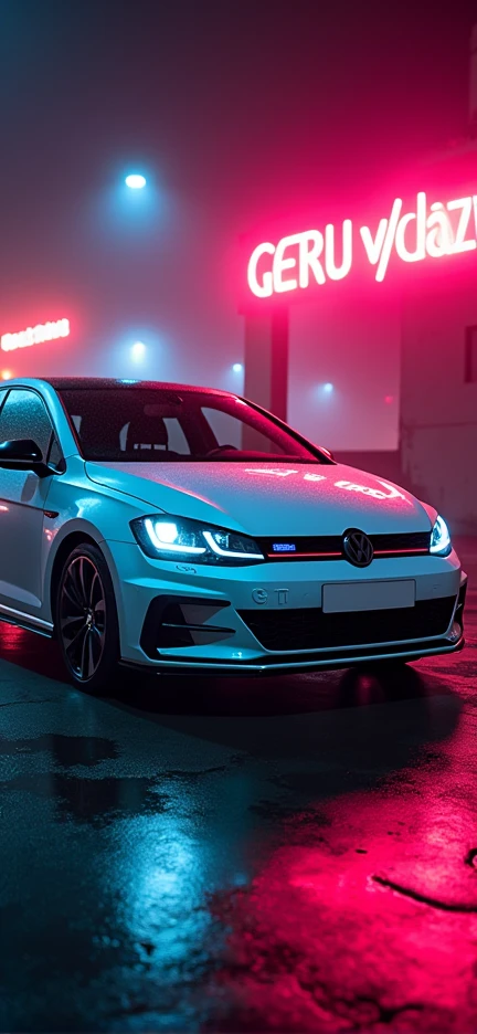 White Volkswagen Golf MK.Make a smartphone wallpaper for the 7 Gti, Neon Light、(masterpiece:1.3) (最high quality:1.2) (high quality:1.1)、Cinematic Light,(Film Gain:1.4)|(VHS Video:1.2)(old analog film photography:1.4) Vintage Film (1.8), Analog camera (1.5), Film Grain (1.4), Light leakage (1.2), Soft Focus (1.3), Warm tones (0.2), Retro aesthetic (1.7), Lomography (1.3), Nostalgic atmosphere (1.8), Polaroid style (1.5), Faded colors (1.9), Dreamy look (1.3), Overexposure (1.1), Vignette Effect (1.8), Blurred Edges (1.4),