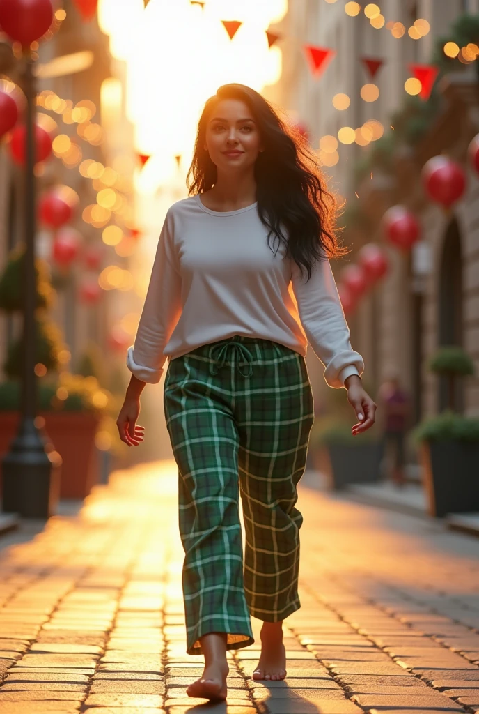 Full body side view image of beautiful curvy black haired WOMAN walking down the street in bright sunlight in white flannel and green pajama pants with Christmas decorations