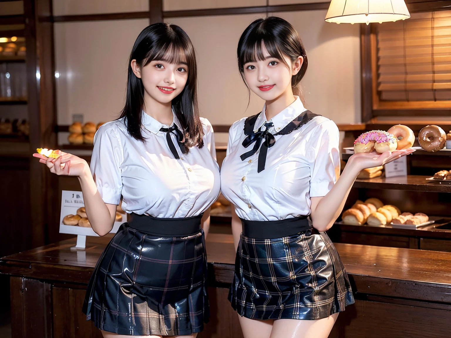 (masterpiece, realistic, photo-realistic:1.2), finely detail, ultra high res, perfect anatomy, best quality, 8K, soft focus, (grin, happy smile:1.3), (2girls, harem, Japanese short girls, pleated plaid skirt with short-apron, waitress uniform liked gothic maid:1.2), portrait, (upper body shot:1.2), focus on breasts, (black straight hair, short hair, blunt bangs:1.2), beautiful detailed face and big eyes, (glowing fair skin, shiny oiled body:1.2), (pointed huge breasts, gigantic breasts:1.2), (bloom, awesome detailed donuts shop:1.2), donuts displayed in showcase, standing pose emphasized breasts, 2girls side by side,