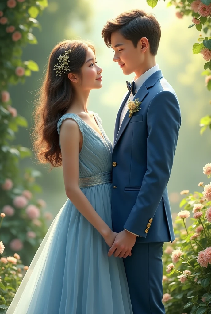 A girl in a long light blue dress and a boy in a blue suit