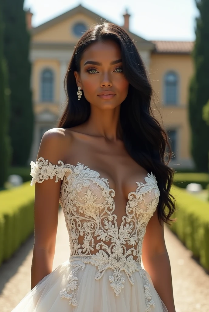 Young and beautiful woman, 22 years old, dark skin, long black hair and sparkling blue eyes. She is wearing a luxurious wedding dress. behind her a luxurious mansion in Italy. The expression on his arrogant face, highlighted by his blue eyes