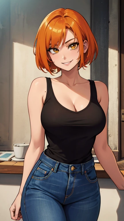 1girl, solo, Flipped-Out Bob, orange hair, yellow eyes, short hair, looking at viewers, black t shirt v neck, best quality, highly quality, big fore head, smiling, Masterpiece, beautiful art, professional artist, 8k, very detailed face, very detailed hair, jeans, cleavage, cute smile, upper body, cowboy shot, medium breast, frekles, Anime style, simple backgrownd