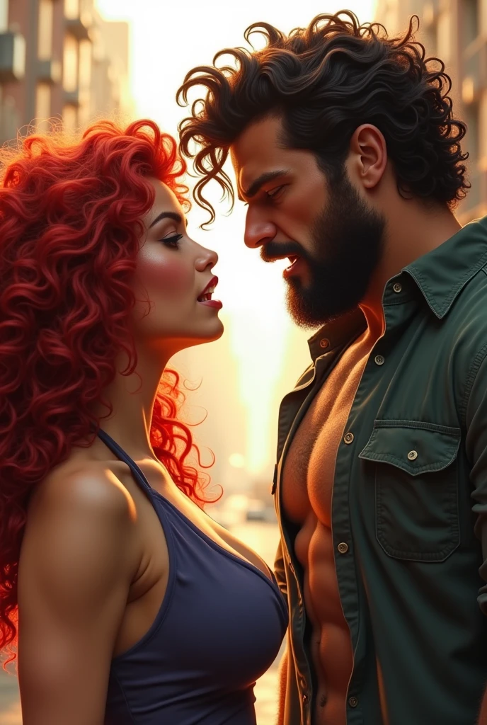 A white woman with darker red curly black power hair who is chubby arguing with a large white man with a goatee and curly hair with a 4a curl and finger curls, The Girl is white