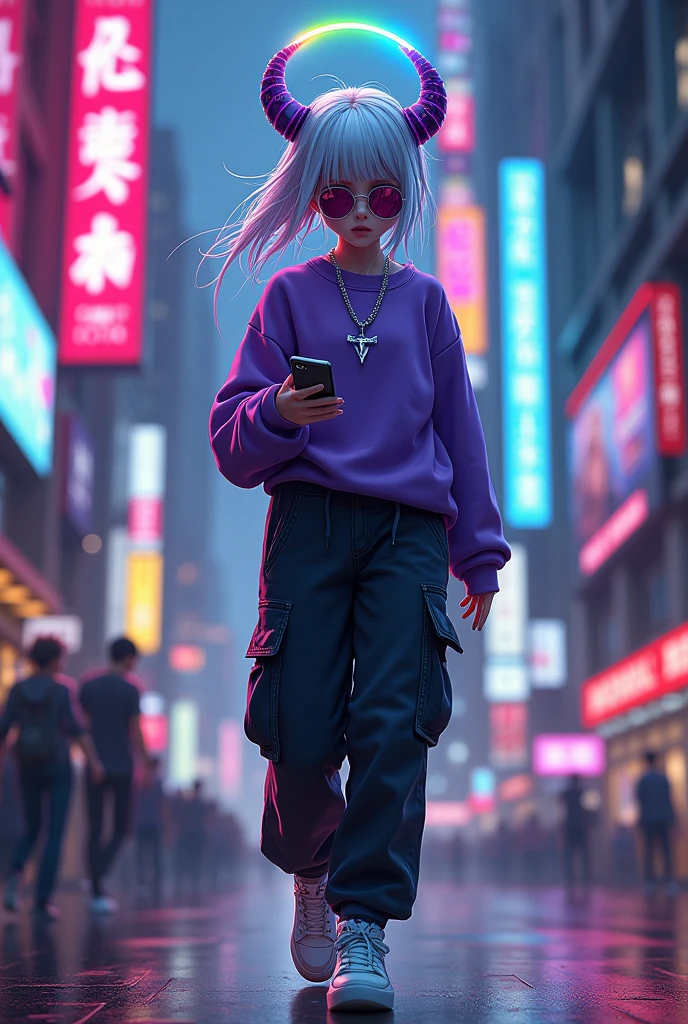 demon girl, rainbow colored halo,white and blue hair ,silver cross necklace,Sunglasses, purple sweatshirt, black cargo pants,WHITE TENNIS, helmet headphones, holding her cell phone, walking through a big city at night