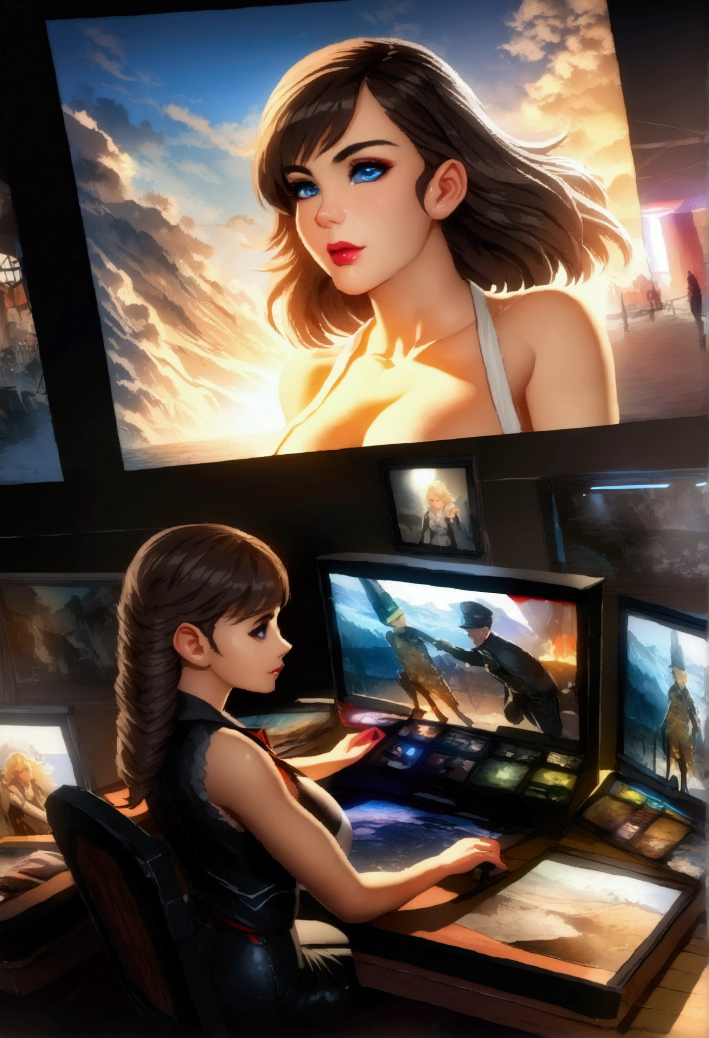 Gal Gadot, women Maravilla, dressed in black,Look at the camera,women , Perfect eyes, beautiful face,pale brown hair, short detailed hair, fool's head, side parted hair,dynamic poses, Realistic style, The scene is played out on a stage at a heavy metal concert..,((The best quality)), ((masterpiece)), (K HD:1.3), 。.。.。.。.。.3D, beautiful big breasts (cyber punk character:1.3) young, photographers,camera,makeup artist,Director,(Scenes:Studio 1.7), (HdR:1.5), (color pastel:1.2), Ultra-detailed, (art station:1.5), cinematographic, warm lights, light effect, dramatic light, (intricate details:1.1), the complex background, (Greg Rutkovsky:0.8), (teal and orange:0.4),((Movie premiere poster 1.8)),
